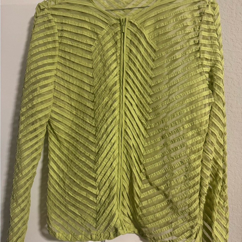 Chico's Vibrant Green Sheer Striped Blouse with Zipper